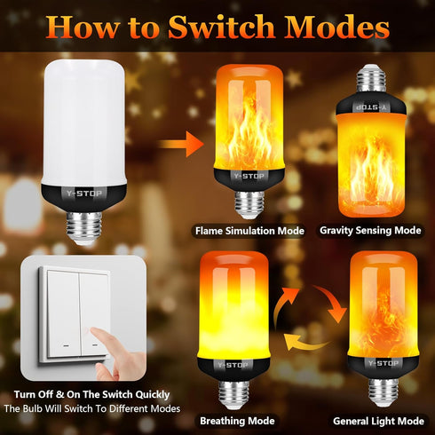 Y-Stop LED Flame Light Bulbs, E26 Base Fire Bulb for Halloween, Christmas, Party, Indoor/Outdoor Decor, 4 Modes (4 Pack)