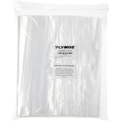 Plymor 13" x 18" Zipper Reclosable Plastic Bags, Pack of 100, 2 Mil