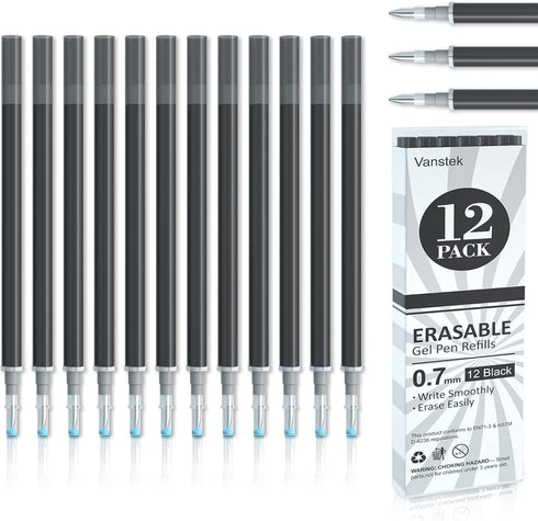 Vanstek 12 Black Erasable Gel Pen Refills, Compatible with FriXion & Friction Erasable Pens, Fine Point 0.7 mm