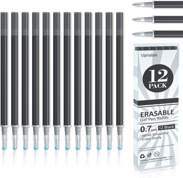 Vanstek 12 Black Erasable Gel Pen Refills, Compatible with FriXion & Friction Erasable Pens, Fine Point 0.7 mm