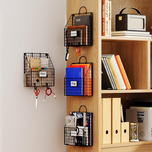 Hanging Wall File Holder Organizer, Metal Wall Mount File Folders Holder with Handles and Hooks, 4 Packs, Black