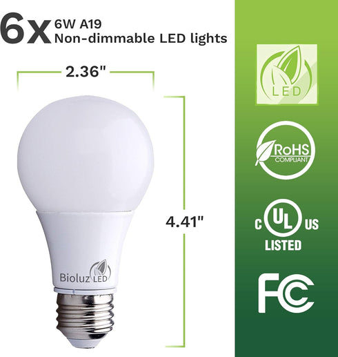 Bioluz LED Light Bulbs 40 Watt, 4000K Cool White, 6 Watts = 40W Non-Dimmable A19, 6 Pack
