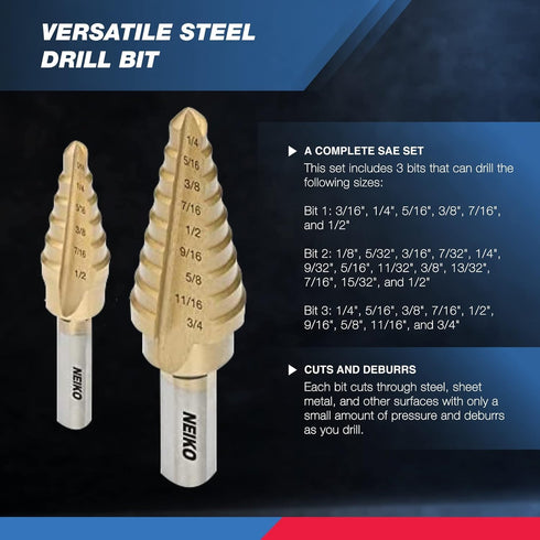 Neiko 10193A Titanium Step Bits, Unibit Set with 28 Sizes, High Speed Steel for Metal