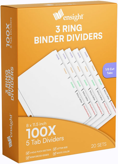 Ensight 3 Ring Page Dividers, Bulk 1/5 Cut Tab Dividers, 100 Per Box, Decorative Printable Rewritable Tabs