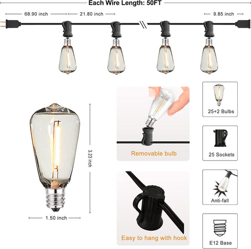 50 27 ST38 Bulbs,Retro DAMAING Outdoor String Lights FT Waterproof Patio Light String Lights with Vintage Shatterproof