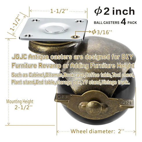 Casters Set of 4, Antique Brass Casters with Brake, 2 Inch Ball Castor Wheels for Furniture Casters Vintage Wheels Heavy Duty, Table Caster with 360 Degree Swivel Top Plate