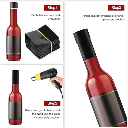 Black Shrink Bands, 200 Pieces Heat Shrink Wrap Sealer for Bottles, 65x60 mm [Compatible Diameter Range: 1 1/4” – 1