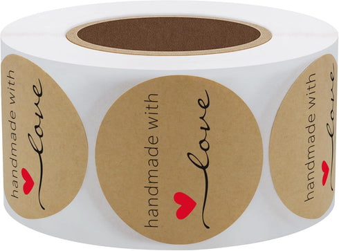 Hybsk Kraft Handmade with Love Stickers - 1.5" Round, 500 Adhesive Labels Per Roll