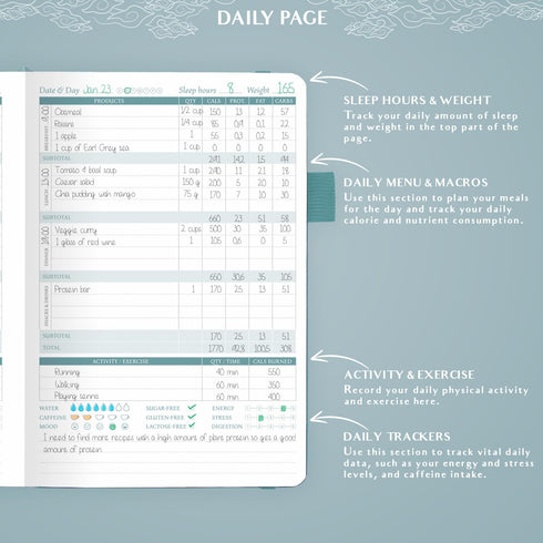 6 Legend Wellness Planner & Food Journal Daily Diet & Health Journal with Exercise & Weight Loss Tracker Nutrition
