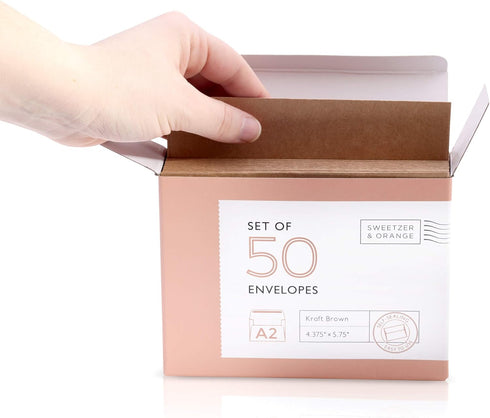 Sweetzer & Orange A2 Envelopes (50 with Box), Brown Envelopes Self Seal, Luxury 150gsm for Greeting Card and Invitation
