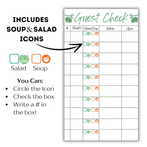Generic (1) Guest Check Server Notepad with Egg Temperatures & Breakfast Modifiers: OE, OM, Scrambled, Poached, Premium