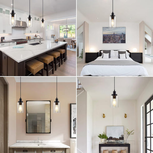 3-Pack Industrial Pendant Lights, Modern Clear Glass Shade Pendant Lighting, Black Pendant Light Fixtures Ceiling