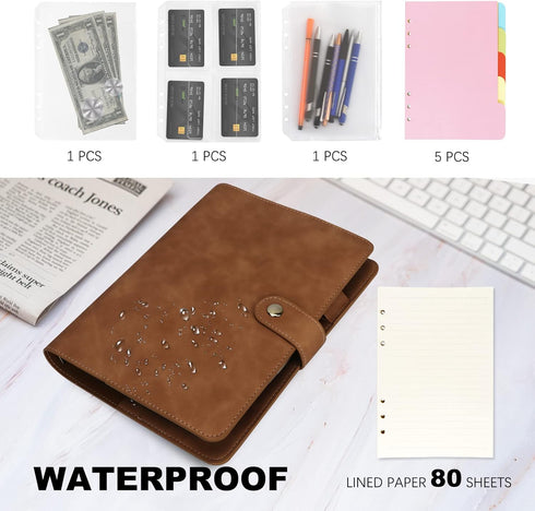 FYY Leather A5 6 Ring Binder Notebook, PU Leather Refillable with Pockets, Dividers, Refill Paper, Brown