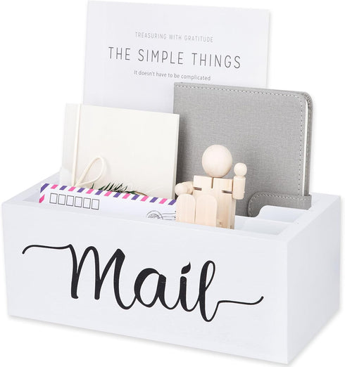 Desk Mail Organizer, Wood Countertop Storage Box with 3 Slots, Envelop Holder for Home Office (White-3 Slot)