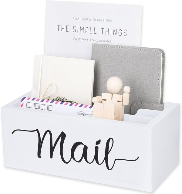 Desk Mail Organizer, Wood Countertop Storage Box with 3 Slots, Envelop Holder for Home Office (White-3 Slot)
