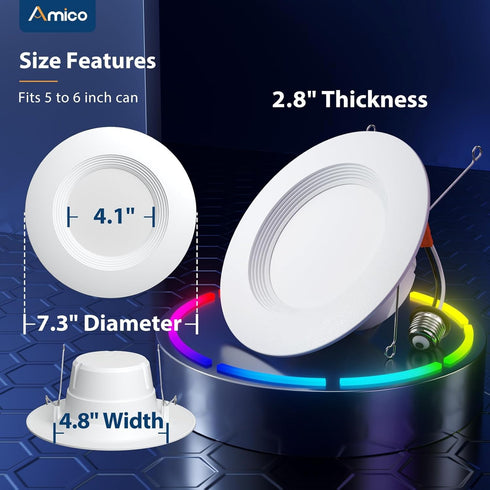 1 Pack 5/6 Inch 12W=110W 1100LM, Amico WiFi LED Recessed Can Smart Matter Lights, RGBCW Color Changing Retrofit