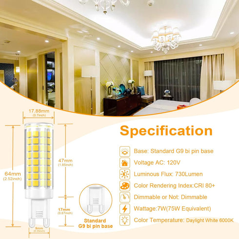 VYAOMLI G9 Bulbs Dimmable 7W Bulb 75W-80W 730LM, G9 Bulb 120V 2 Pack) LED Light Equivalent to Halogen Bi-Pin Base Light