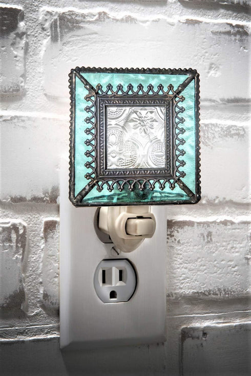 166 J Devlin Glass Art Stained Glass Night Light, Blue, Aquamarine, Ocean, Plug in nightlight