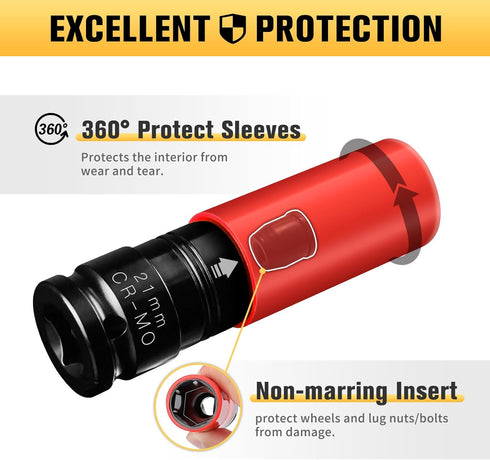 1/2" 7 Set, 17 19 21 mm 13/16 7/8 1 1-1/16 inch, 6 BOEN Drive Impact Lug Nut Socket, Pieces Non-Marring Wheel Protector
