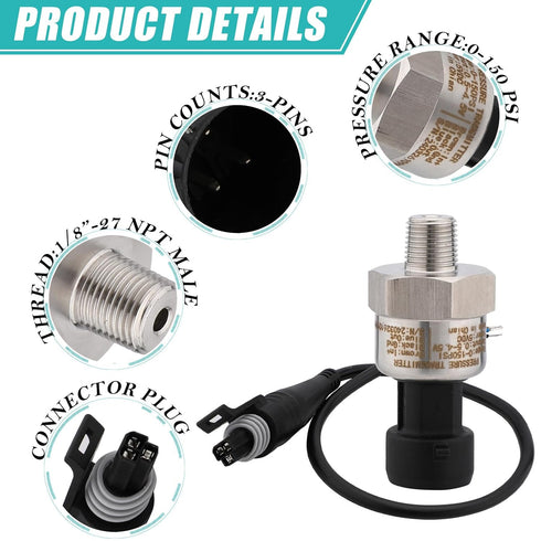 150 PSI Pressure Transducer Sender Sensor with 1/8" -27 NPT Stainless Steel Thread for Oil Fuel Air Water