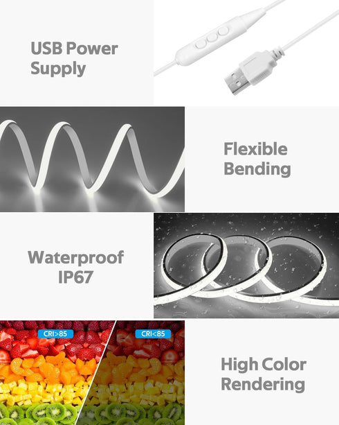 2M 6.6FT 5V Dimmer 6000K Dimmable 640LEDs/2M IP67 COB LED Rope Light Outdoor USB Powered LED Light Strip with Daylight
