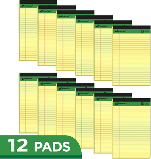 KAISA Legal Pad Writing Pads, Narrow Ruled 5"x8" 50 Sheets Perforated Recycled Paper Notepad, Yellow/Canary (12 pads)