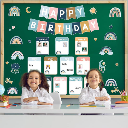 Happy Birthday Bulletin Board Decoration, Rainbow Classroom Birthday Cutouts Chart Poster for Wall Decor