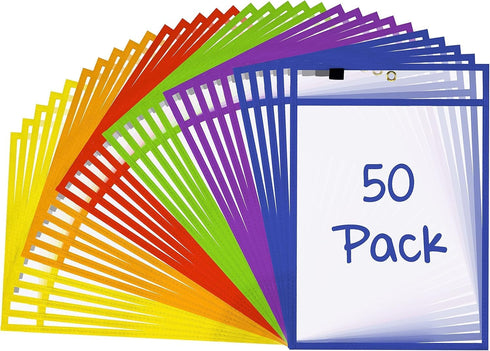 50 Pack SCRIBBLEDO Dry Erase Pockets Reusable Dry Erase Sleeves with Marker Holder Colorful Dry Erase Pocket Sleeves