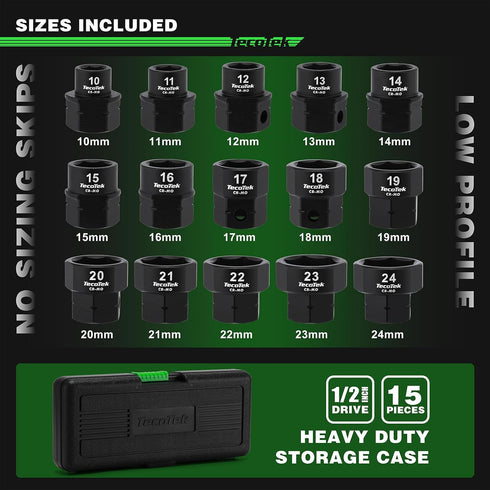 15-Piece 1/2-Inch Set, Set, 10mm-24mm, 6 TecoTek Drive Metric Low Profile Impact Socket Stubby Socket No Skips Sizes