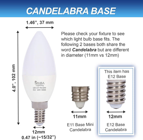 Simba Lighting LED Candelabra Light Bulbs B11 (C37), E12 Base, 6-Pack, Decorative 7W 60W Replacement, 5000K