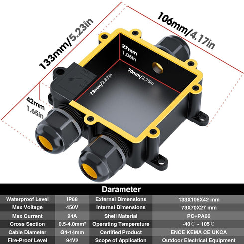 IP68 Waterproof Junction Box, 3-Way Outdoor Cable Connectors with 3 Cable M25 Gland Wire Connector, Black