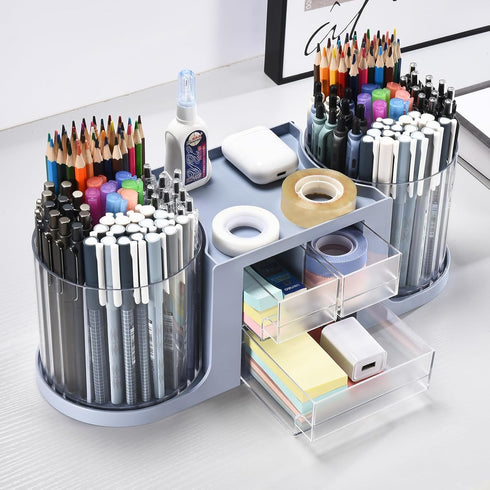 Rotating Desk Organizer with 2 Pen Holders, 10 Slots Pencil Holder + 3 Drawer, Art Supply Storage Box (Blue)