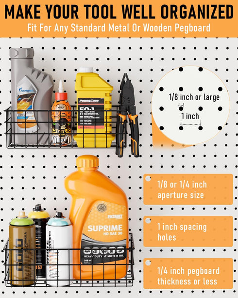 INCLY 4 Pack Pegboard Baskets Bins Set, Square Style Black Metal Wire Basket for Peg Board Organizing Tools