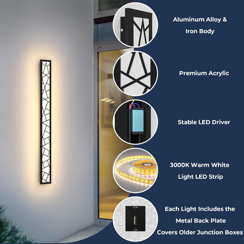TRUWELLA 11.8inch IP67 3000K Outdoor Wall Light Modern Outdoor Wall Sconce LED Long Wall Sconce Black Front Porch Light