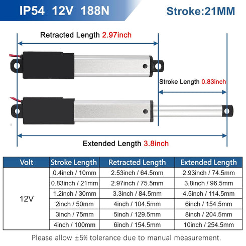 0.83 Inch Stroke Micro Linear Actuator, 12V 42.2lbs, for Robotics and Home Automation