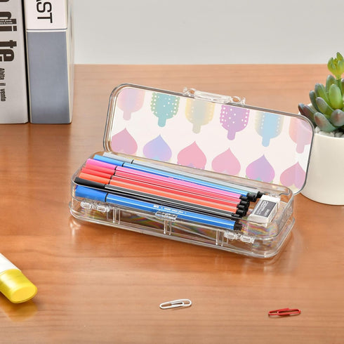 Colorful Double-Layer Pencil Case - Clear Plastic Storage Box for Stationery