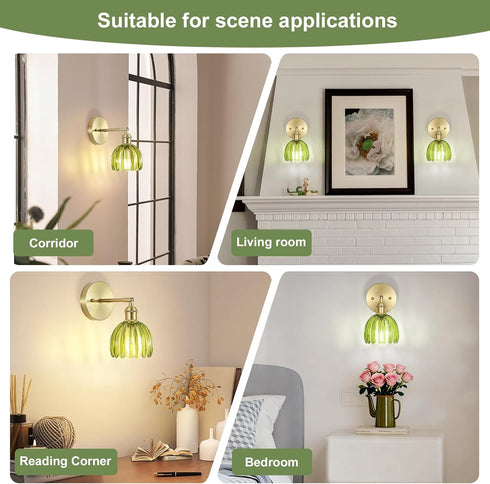 Set (Bulbs Hardwired Wall Sconces of Two, Vintage Wall Lights with Green Tulip Glass Lampshade, Gold Wall Lamps