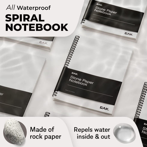 Stone Paper Waterproof Spiral Notebook, 7.20”x10.11”, 50 sheets, Durable Notebook, Eco-Friendly Mineral Stone Paper Notebook, Waterproof Notepad, Ruled, White by GAK.