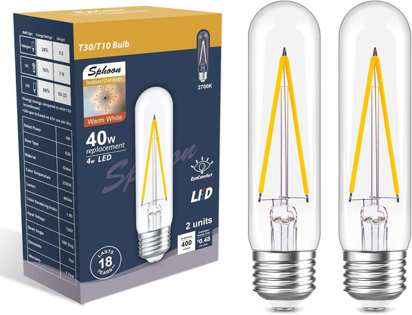 Dimmable Tubular LED Bulb, E26, 2 Pack, T10 T30 Vintage LED Bulbs, 40 Watt Equivalent, 2700K Warm White