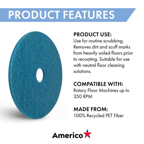 16" 3.25" 5 100% Americo Blue Cleaner Floor Pad, Diameter, Center Hole, Pads/Case, Machine Cleaner Floor Pads
