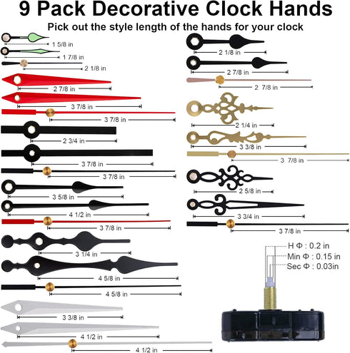 6 Pieces Clock Mechanism Replacement Kit with 9 Pack Clock Hands, Battery Operated for DIY Clock Repair