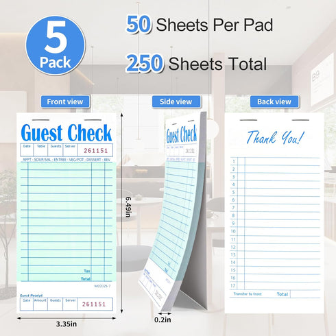 Darcvds 5 Pack 50 Sheets/Pack, 250 Guest Check Books, Server Note Pads for Restaurant, Green Waiter Checkbook, Waitress