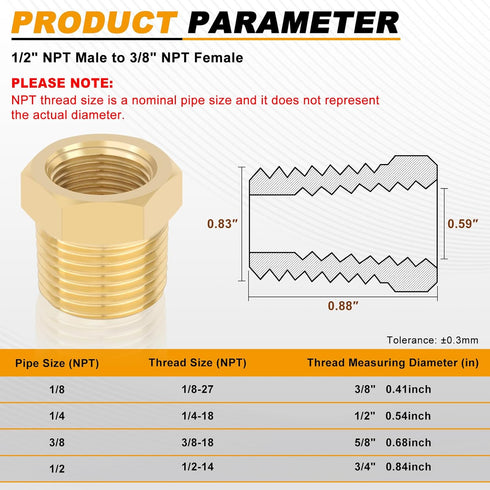 KOOTANS 4pcs Heavy Duty Brass Reducer Hex Bushing, 1/2 NPT Male to 3/8 NPT Female Thread Pipe Adapter
