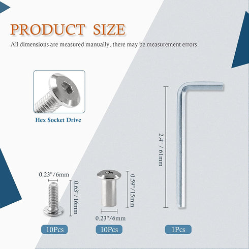 Jersvimc 10 Pair(20 M6x16mm M6 Countersunk Piece) Hex Drive Socket Cap Bolt with Allen Wrench, Silver Furniture