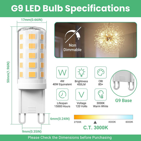 G9 Bulb 4W, 3000K 40 T4 9 Non-Dimmable 120V 450 360Beam G9 Bulbs 6 Pack VOLIVO LED Soft Warm White, Watts Halogen