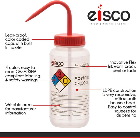 EISCO 2PK Wash Bottle for Acetone, 500ml, Labeled with Color Coded Chemical & Safety Information