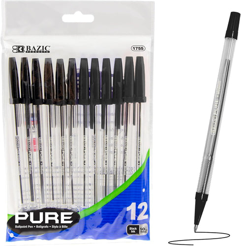 BAZIC Ballpoint Pen Pure Black Color Stick Pens, 1.0 mm Bold Point, 12/Pack