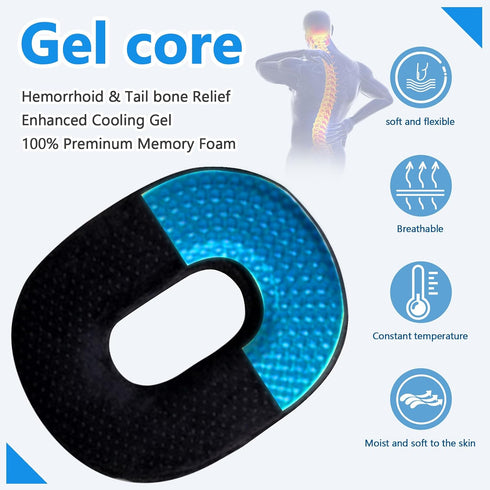 Tailbone Donut Pillow Seat Cushion for Pain Relief - Orthopedic Gel & Memory Foam with Cooling Layer, Non-Slip Base
