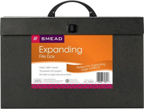 Smead A-Z and Subject Expanding File Box, 19 Pockets, Legal Size, Black, Latch Closure