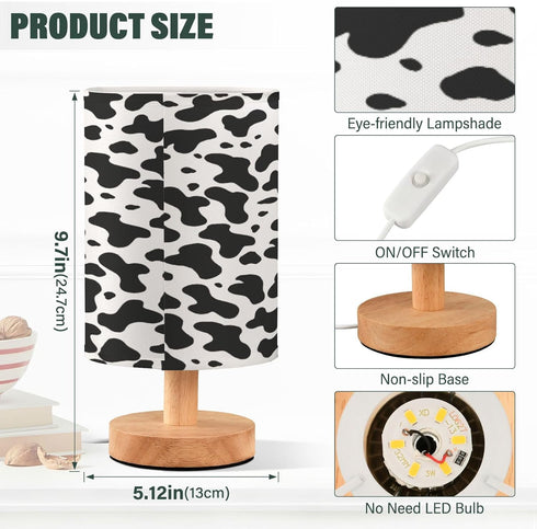 YETTASBIN Cow Print Bedside Table Lamp, Small LED Desk Light USB Nightstand Lamp with Non Slip Wood Base